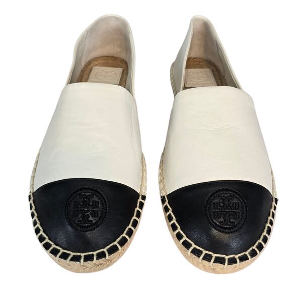 Tory Burch Black White Colorblock Espadrilles Flat Leather Upper Size 10.5 SEE - Picture 2 of 12